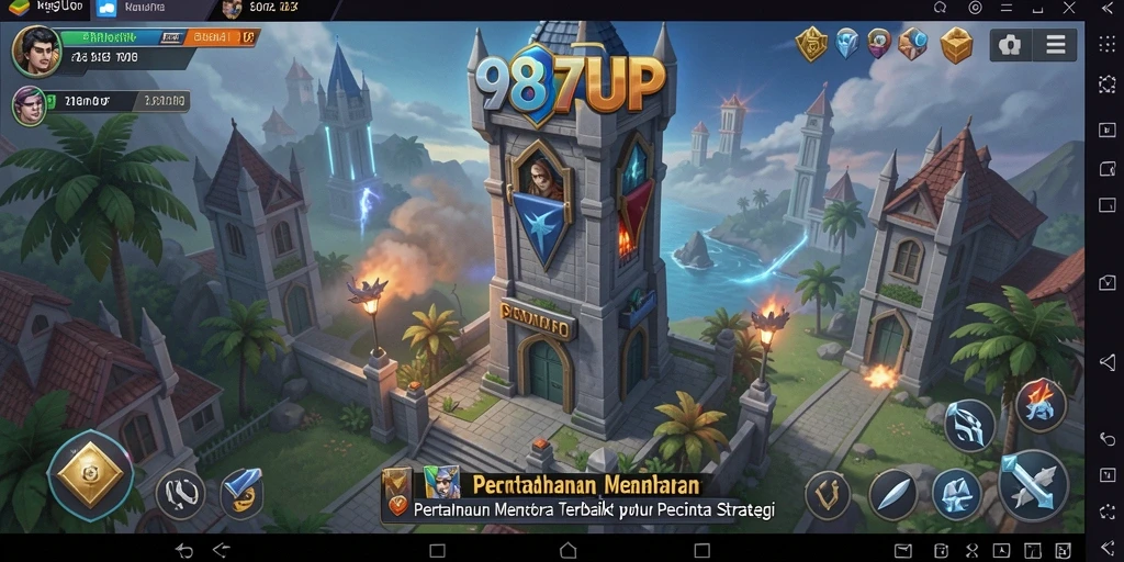 Tangkapan layar 987UP menunjukkan aksi strategi Tower Defense yang cepat.