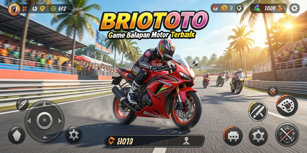 Tampilan gameplay mendebarkan di BRIOTOTO dengan balapan motor seru.