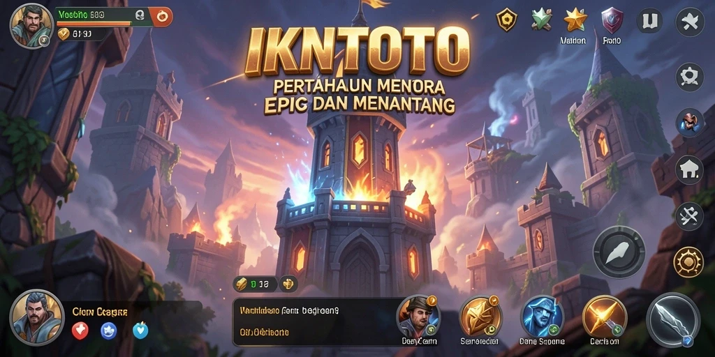 Tampilan gameplay <strong>IKNTOTO</strong> dengan menara dan musuh yang epik dalam pertahanan.