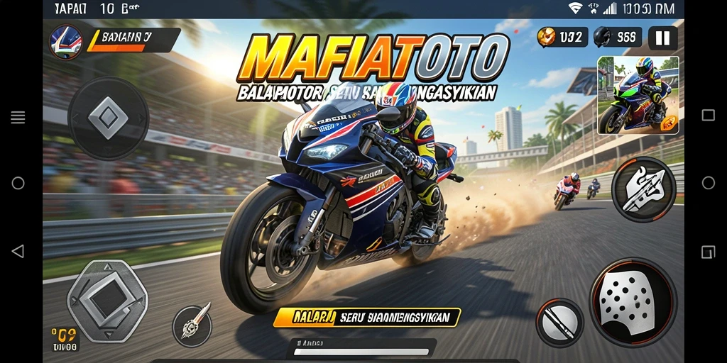 Tangkapan layar gameplay MAFIATOTO yang menunjukkan balapan motor yang seru.