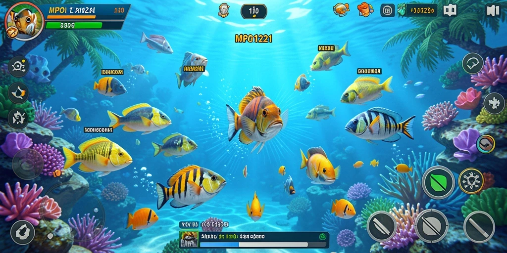 Screenshot menunjukkan gameplay seru Tembak Ikan dengan berbagai ikan berwarna-warni.