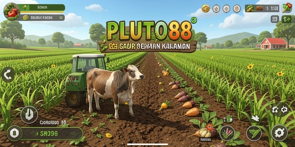 Tangkapan layar utama PLUTO88 menampilkan aktivitas bertani yang seru.
