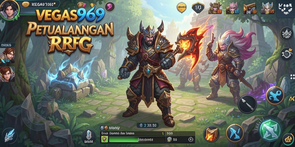 Screenshot utama VEGAS969 menampilkan aksi pertarungan seru dalam RPG.